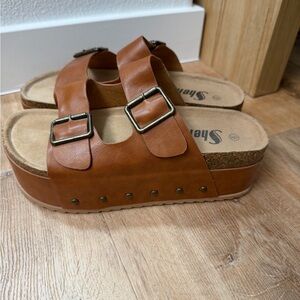 SHEIN Tan Double Buckle Platform Sandal Slides